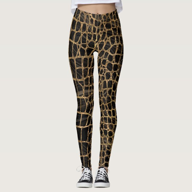 Legging Faux Crocodilo Negro Mármore líquido e ouro (Frente)
