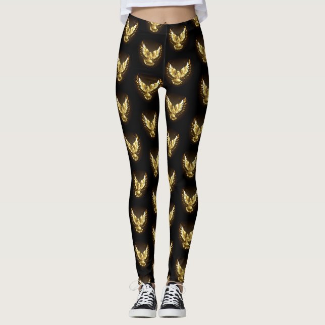 Legging Faux Gold Foil Peace Dove em Preto (Frente)