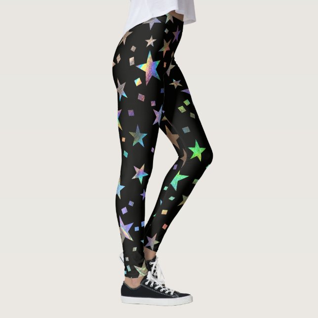 Legging Faux Holographic Rainbow Stars Patterna Chic Black (Direita)