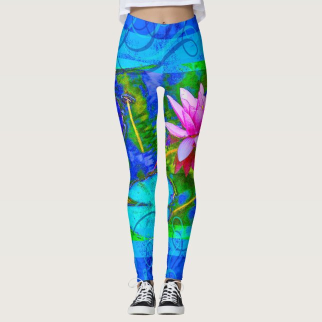Legging Felicidade azul da ioga da flor de Waterlily Lotus (Frente)
