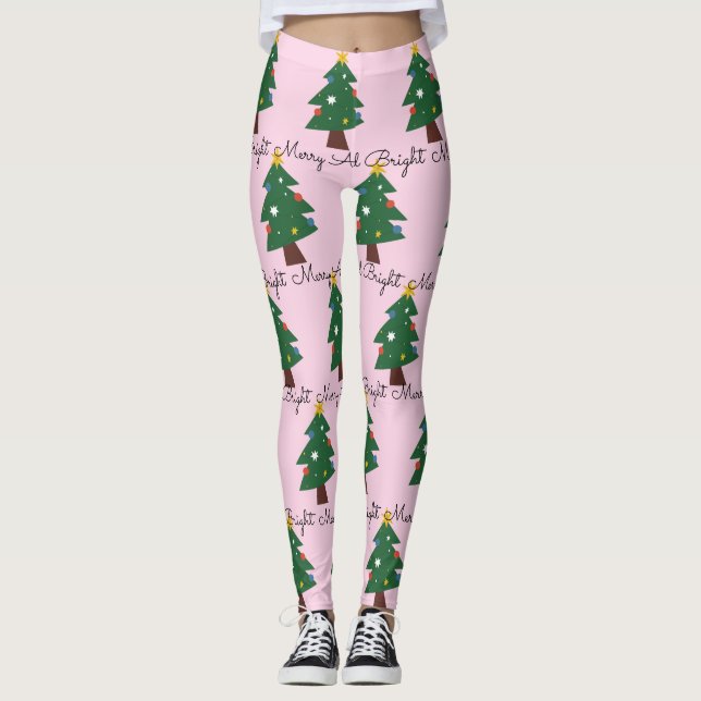 Legging Feliz E Árvores De Natal Brilhantes A Rosa (Frente)