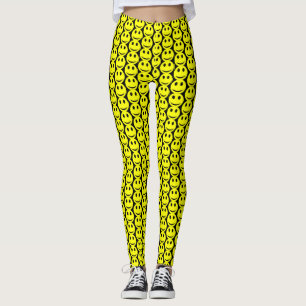 Legging Feliz Engraçado Rosto Amarelo Padrão Preto