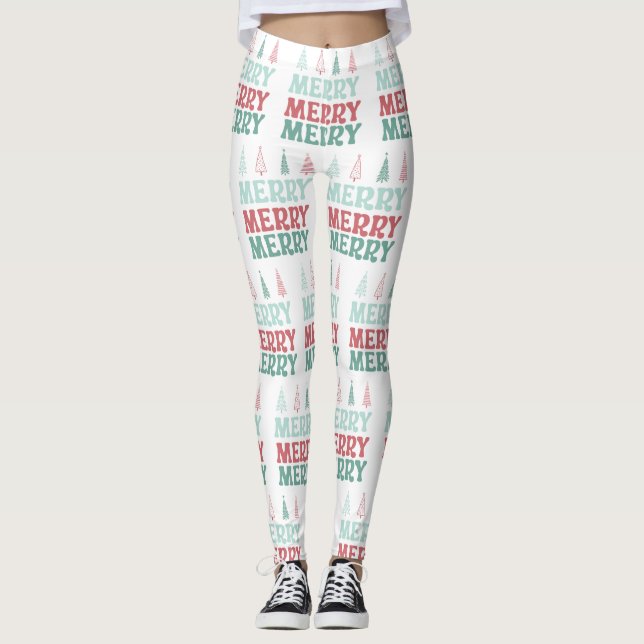 Legging Feliz Feliz Feliz com Árvores de Natal Pastel Boho (Frente)