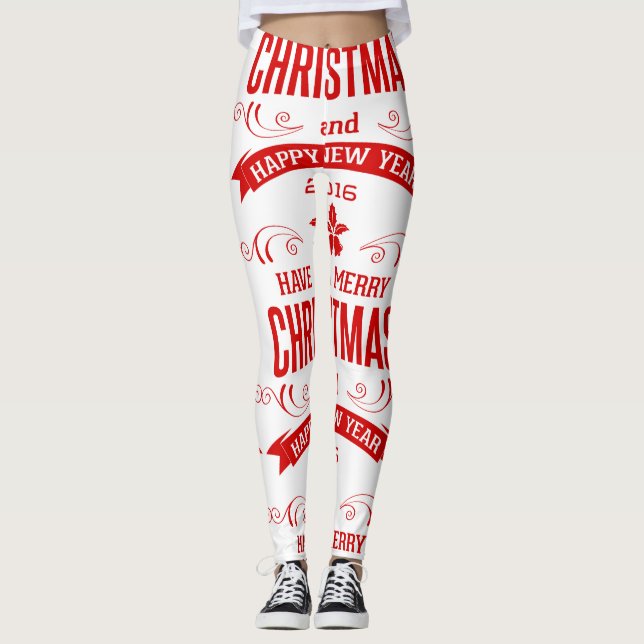 Legging Feliz Natal Feliz Ano Novo Branco e Vermelho (Frente)