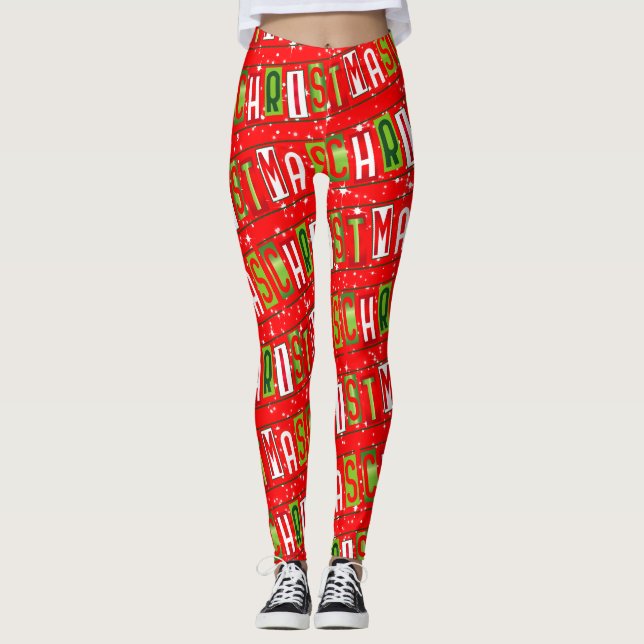Legging Feliz Texto de Natal Starry Red White (Frente)