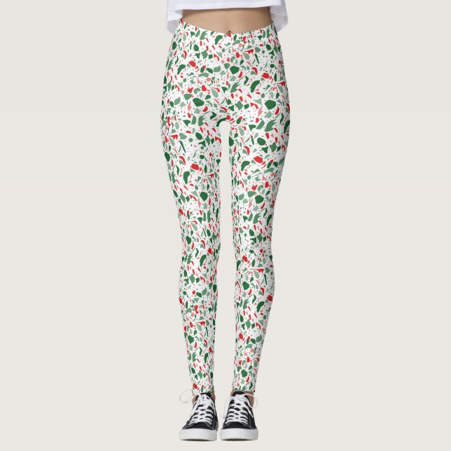Legging Feriado de Natal Vermelho Terrazzo Verde (Frente)
