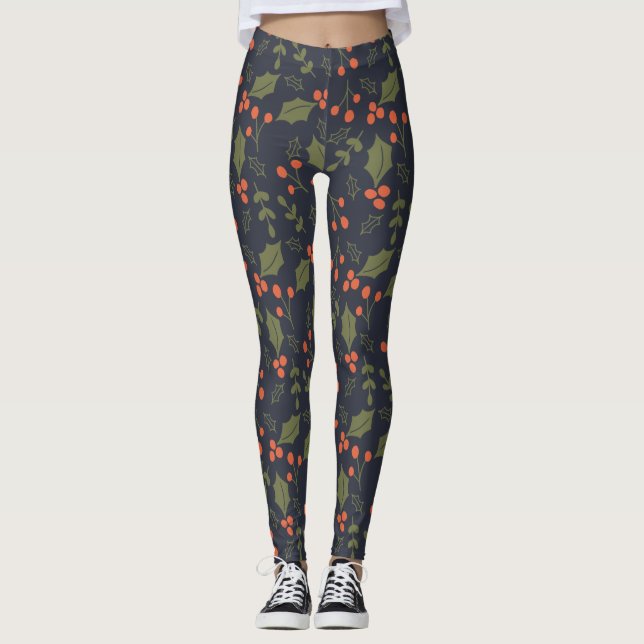 Legging Feriado Moderno Natal Holly Greenery (Frente)