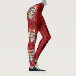 Legging Feriados de Rosas vermelhas rosa com o crânio do a