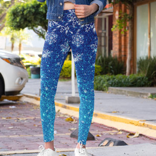 Legging Férias de Natal Azul Brilho Neve Flocos de Neve