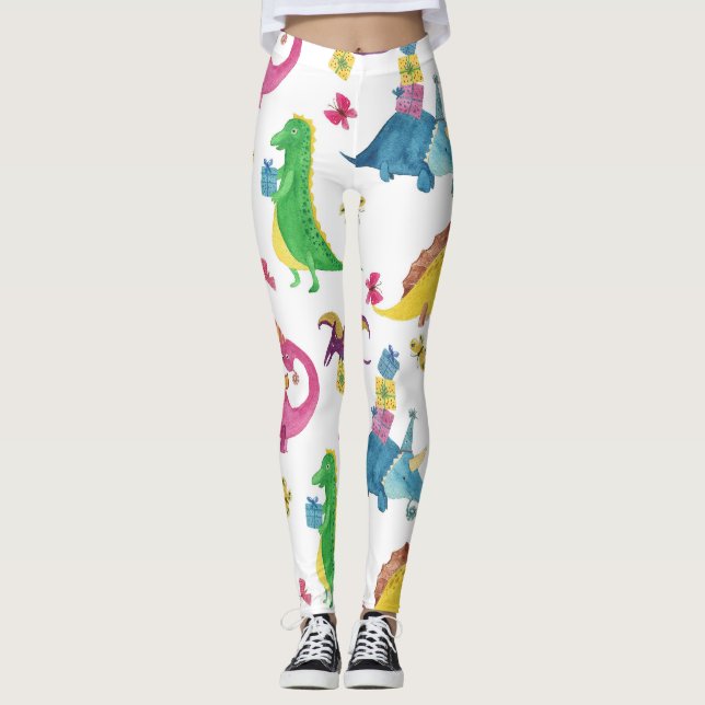 Legging Festa de dinossauro: padrão de aquarela. (Frente)