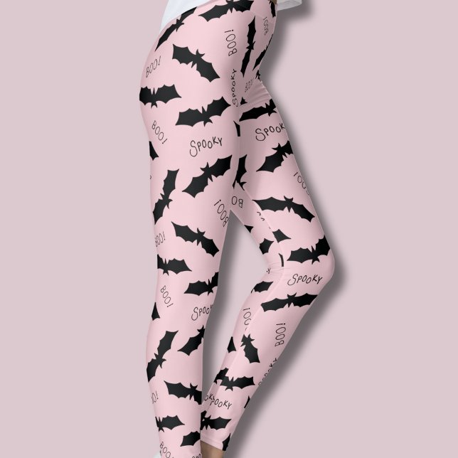 Legging Festa de Halloween de Morcegos Rosa Fofa (Black bat spooky halloween light pink girly leggings)