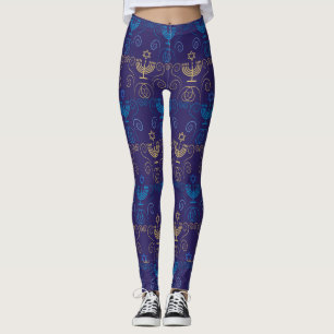 Legging Festa de Hanukkah - Padrão de Doodle Azul de Tend
