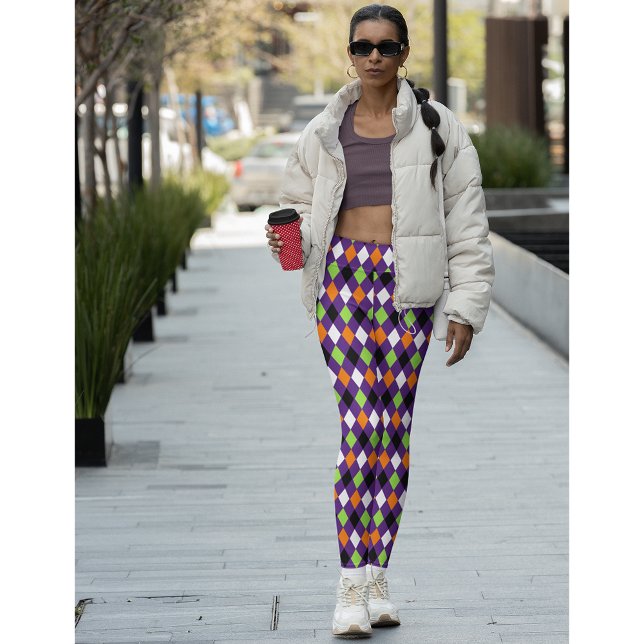 Legging Festa de Harlequin Verde Laranja Laranja Verde Hal (Halloween Chic Purple Orange Green Harlequin Party Leggings)