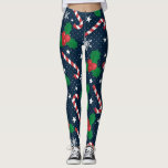 Legging Festivo Candy Cane & Holly Berry Natal<br><div class="desc">Entra no espírito de férias com esta bengala festiva e leggings de bagas ocas! Apresentando um padrão divertido e vibrante de canas doces, folhas holly, flocos de neve e estrelas em um fundo azul marinho, estas leggings são perfeitas para adicionar algum talento sazonal ao seu guarda-roupa. Quer você esteja em...</div>