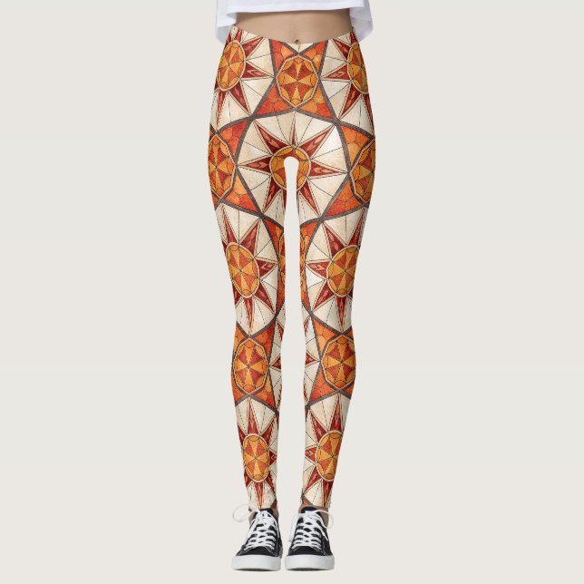 Legging Fiery Red and Orange Starburst - Geometric Mosaic (Frente)