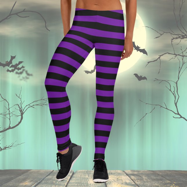 Legging Figurino da Bruxa Preta e Roxa do Halloween (Black and Purple Striped Leggings, Halloween Costume)