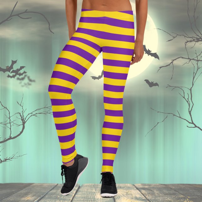 Legging Figurino de distribuição púrpura e amarela (Womens Festive Leggings, Halloween Costume Leggings with Stripes, Purple and Yellow striped leggings)