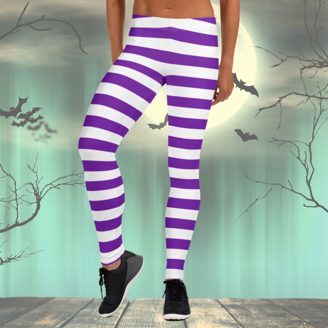 Legging Figurino do Dia das Bruxas com striping roxo e bra (Purple and White Striped Leggings for Women, Halloween leggings, Holiday Leggings, Costume Party)