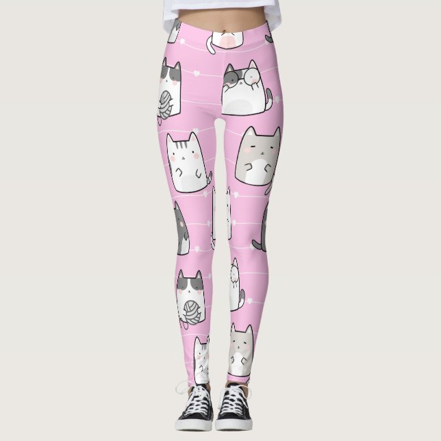 Legging Fila de Coração de Gatos Kawaii sem Costura (Frente)