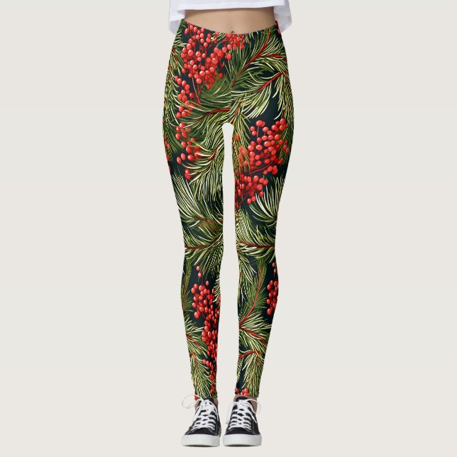 Legging Fir Branches e Berries de Natal (Frente)