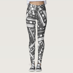 Legging Fita Cassete: Padrão de Vintagem Monocromática