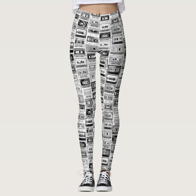 Legging Fitas de Cassete Pretas e Brancas Retro (Frente)