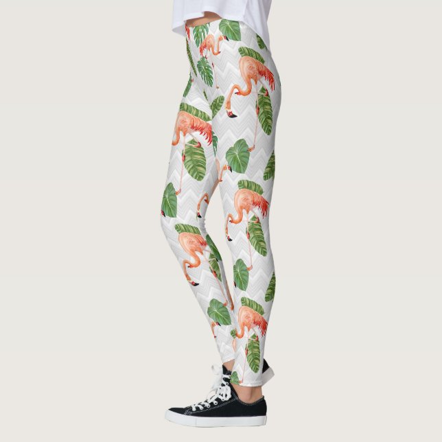 Legging Flamingo Bird Tropical Banana Leaf Chevron Padrão (Esquerda)