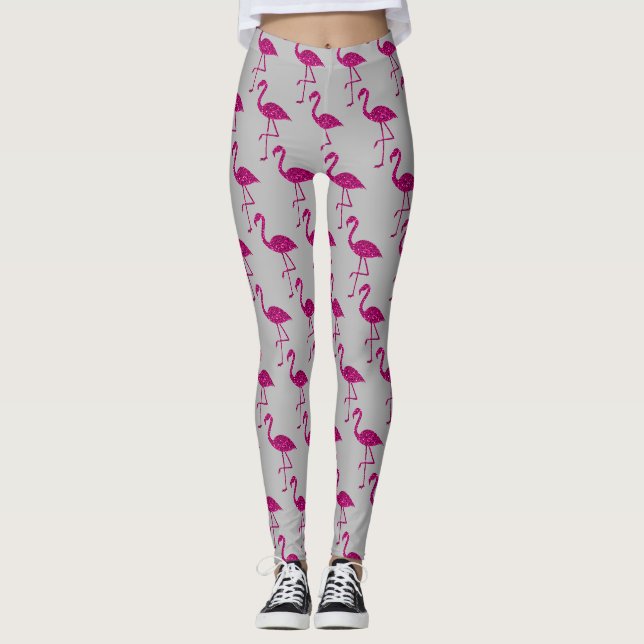 Legging Flamingo brilhante Rosa brilhos padrão cinza (Frente)
