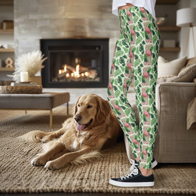 Legging Flamingo Rosa Tropical Folhas de Palmeira Verde Lí (Criador carregado)