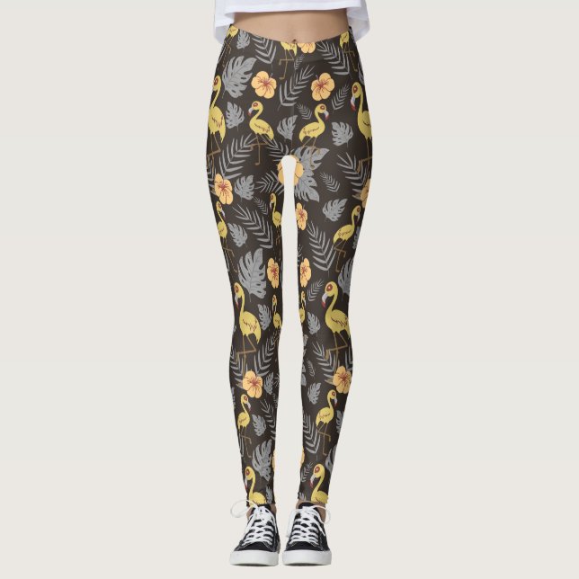 Legging Flamingo sem costura, com flores e folhas (Frente)