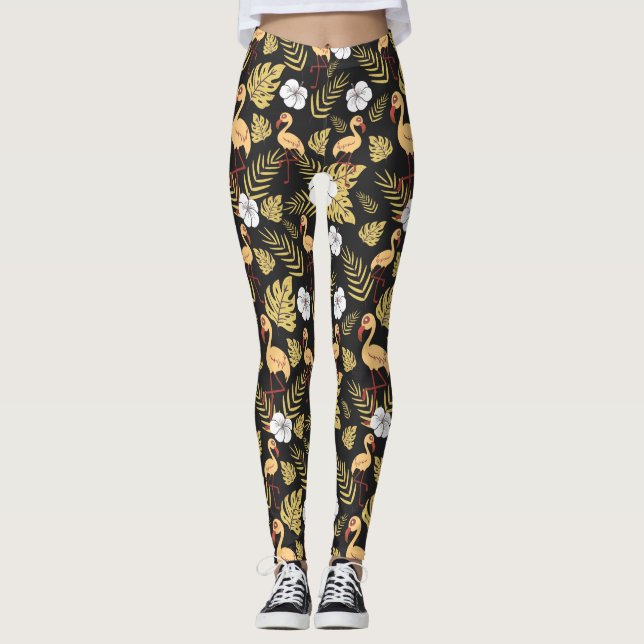 Legging Flamingo, sem descontinuidades, flores amarelas e  (Frente)