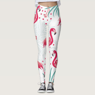 Legging Flamingo tropical e folhas, padrão de verão.