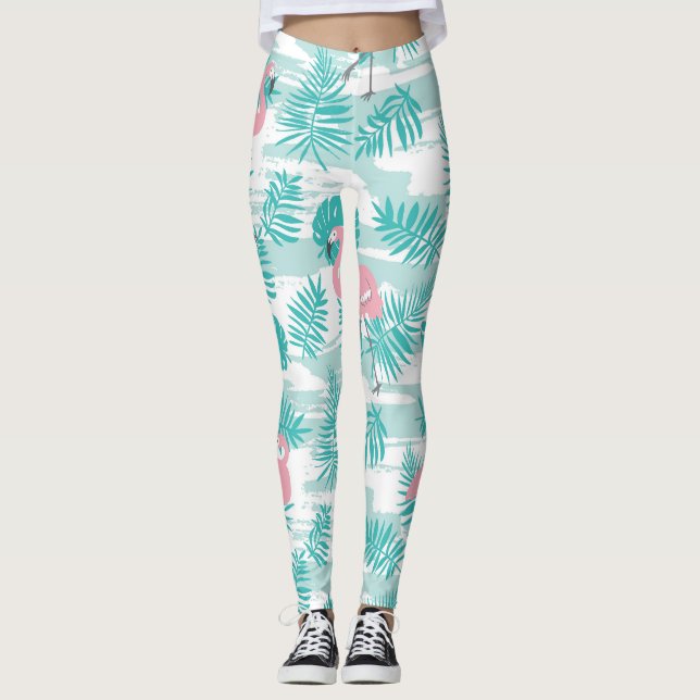 Legging flamingos cor-de-rosa, palmeiras verdes, tropicais (Frente)