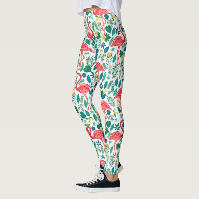 Legging Flamingos Rosa e Padrão de Flores Tropicais (Esquerda)