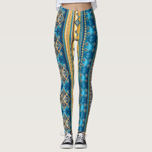 Legging Fleur de lis Enfumaçado Azul Dourado Padrão Étn
