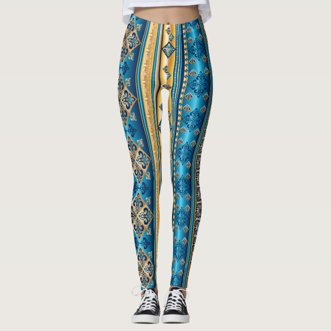 Legging Fleur de lis Enfumaçado Azul Dourado Padrão Étnico (Frente)