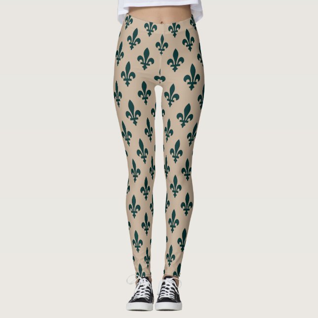 Legging Fleur de Lis Pattern, Real Verde Francês em Creme (Frente)