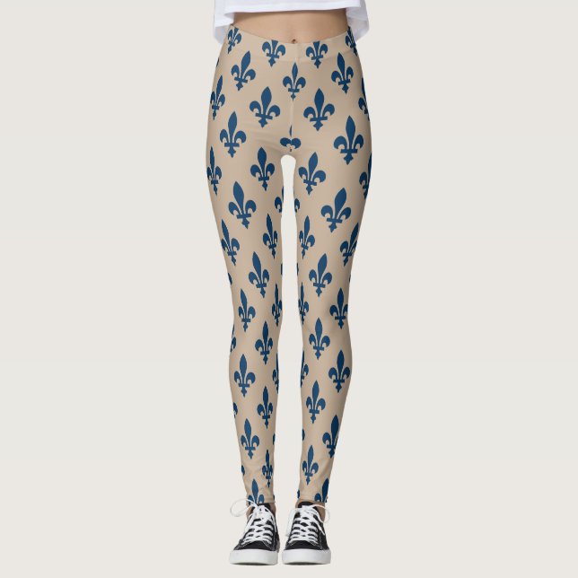 Legging Fleur de Lis Pattern, Royal French Blue em Creme (Frente)
