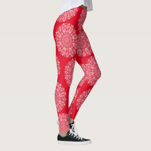 Legging Floco de neve Mandala Vermelho e Branco Padrão de
