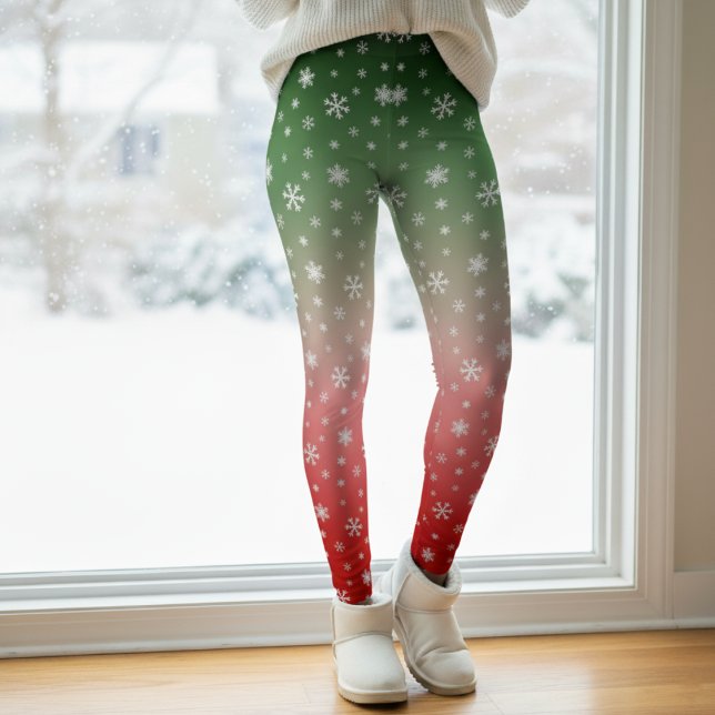 Legging Floco de neve, Natal verde e vermelho (Snowflake Green & Red Ombre Christmas Leggings
)