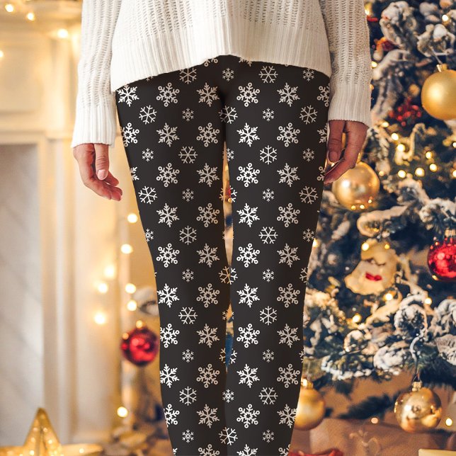Legging Flocos de neve brancos no Natal em branco preto (Criador carregado)
