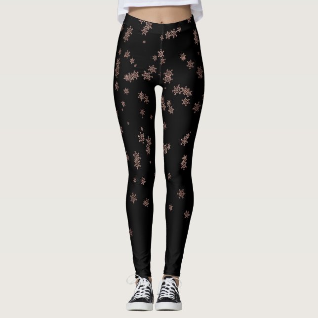 Legging Flocos de Neve de Natal Dourado Rosado Únicos (Frente)