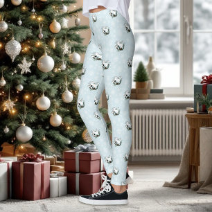 Legging Flocos de Neve de Natal em Azul e Arminho Branco