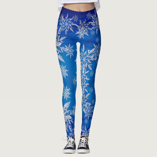 Legging Flocos de neve de prata Sparkly no azul (Frente)