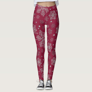 Legging Flocos de neve prateados em vermelho escuro