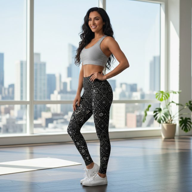 Legging Flocos de neve preto e branco padrão sem costura (Criador carregado)