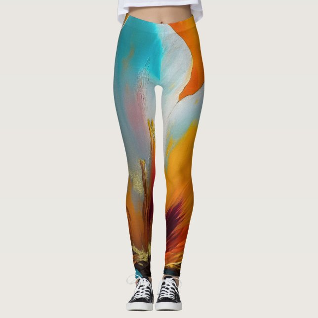 Legging Flor Abstrata em Laranja e Azul Turquesa (Frente)