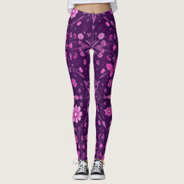 Legging Flor Bloom Fairycore Padrão rosa e roxo