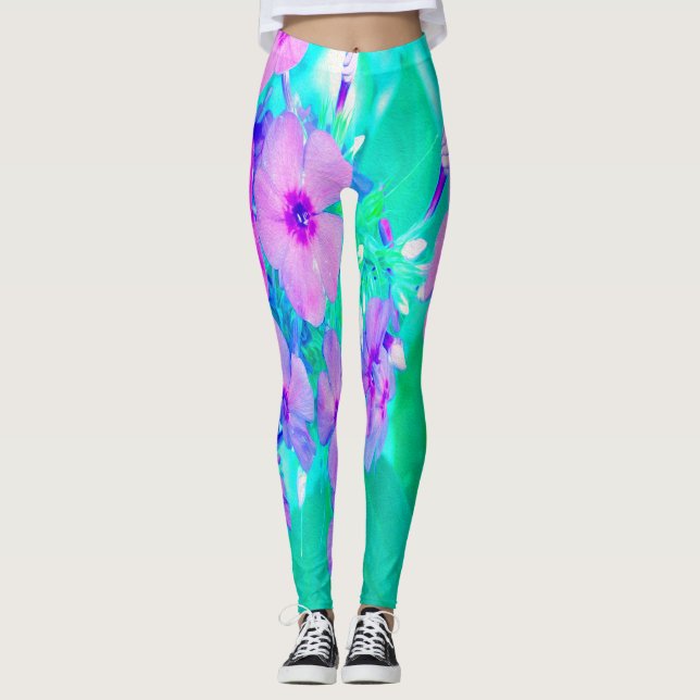 Legging Flor bonito do Jardim Rosa no Aquamarine (Frente)