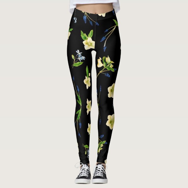 Legging Flor branca e botões azuis padrão floral (Frente)